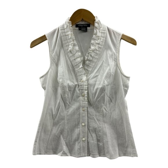 Etcetera Womens Button Front Shirt White Textured Sleeveless V Neck Stretch 4 - Picture 1 of 7